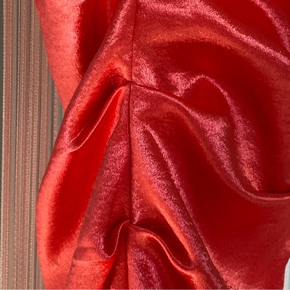 Coral Satin Ruched Strapless Dress - Picture 7 of 17